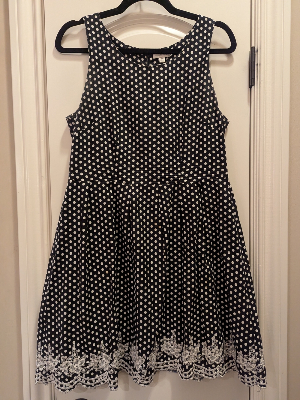 Charming Charlie Black and White Polka Dot Fit-and-Flare Dress with Lace Trim